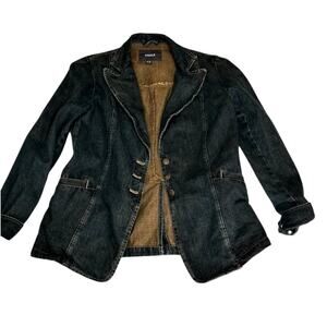 Y2K Mexx Women’s Denim Jacket Blazer Dark Wash Peak Lapel Distressed Rust/Orange